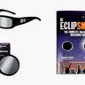 A pair of Celestron eclipse glasses, photo filter, and booklet on a grey background