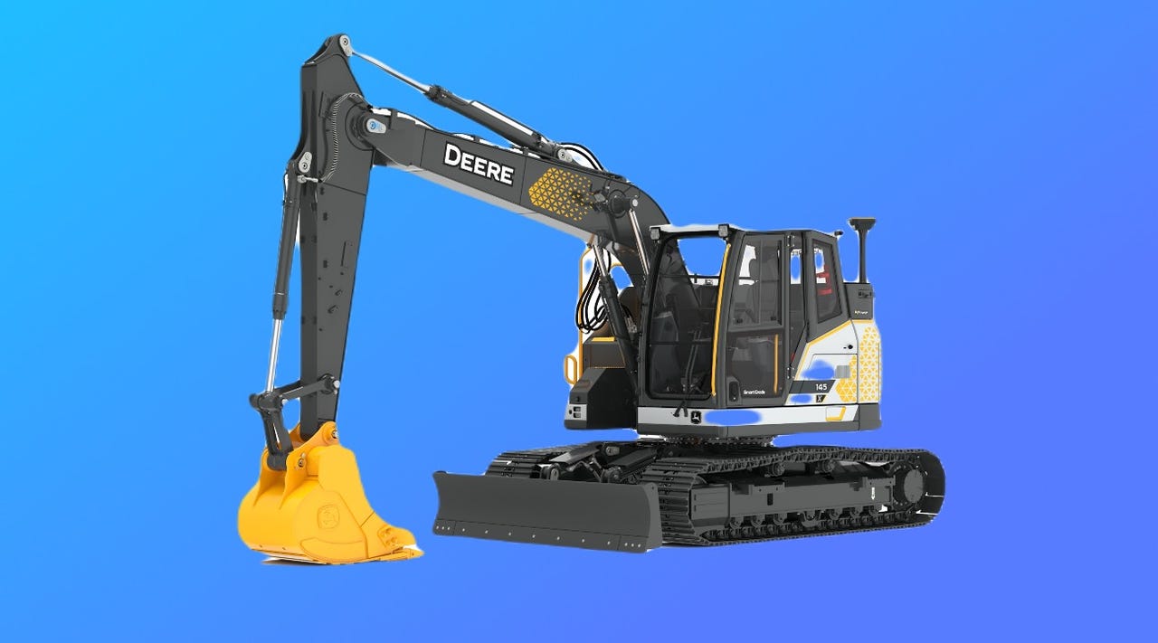 John Deere electric excavator against a white background