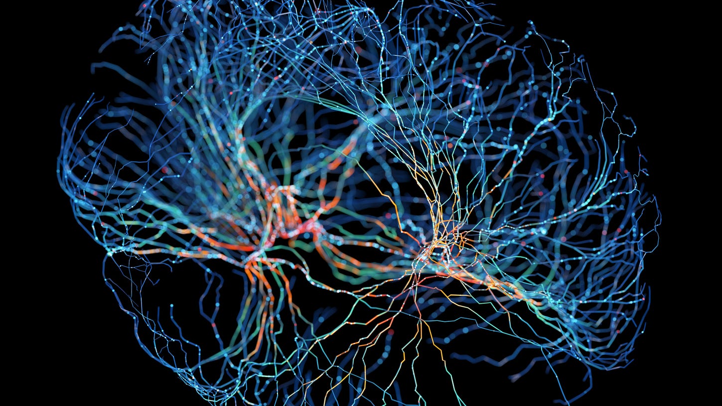 A bright blue visualization of brainwaves on a black background
