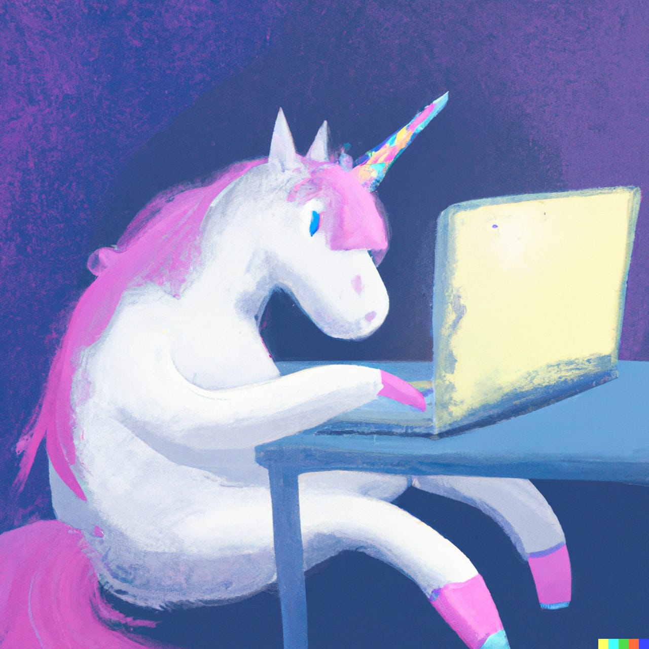 a painting of a unicorn typing on a laptop