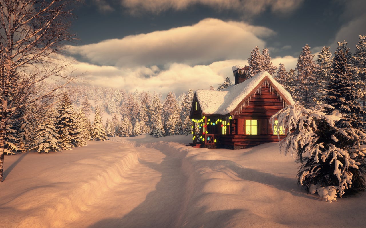 Snowy cabin scene background