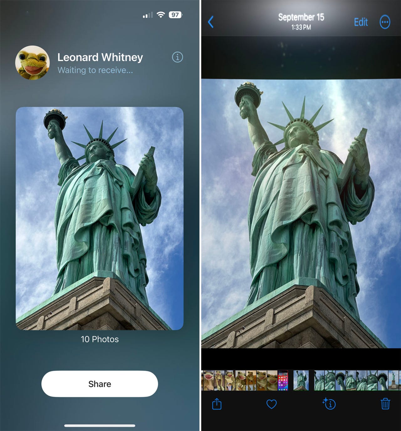 Using NameDrop to share photos between iPhones