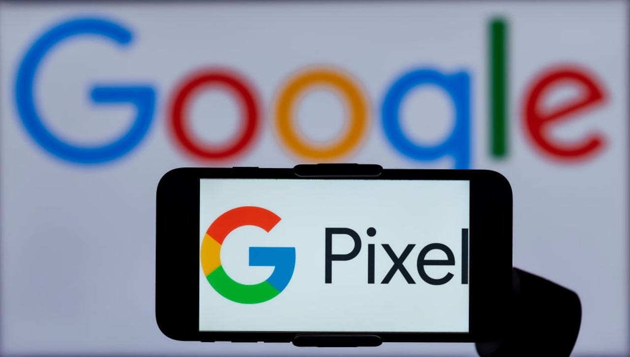 Google Pixel logo on phone with Google logo in background