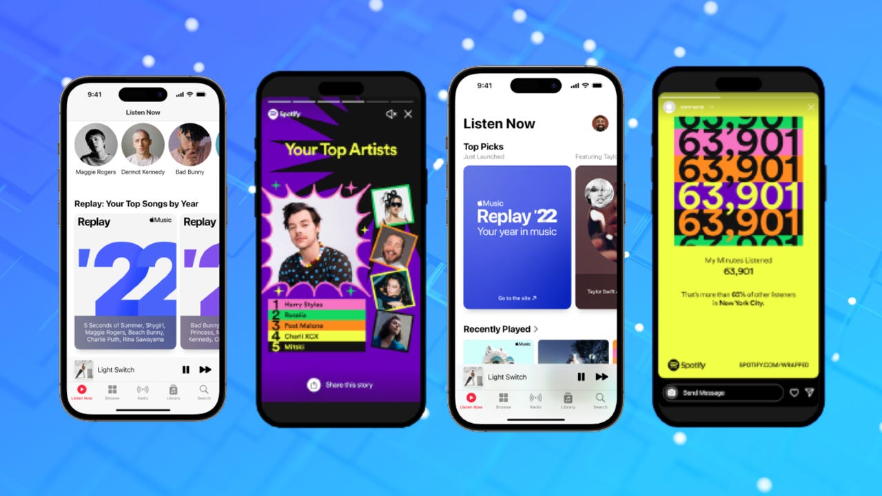 phone screens showing apple replay and spotify wrapped