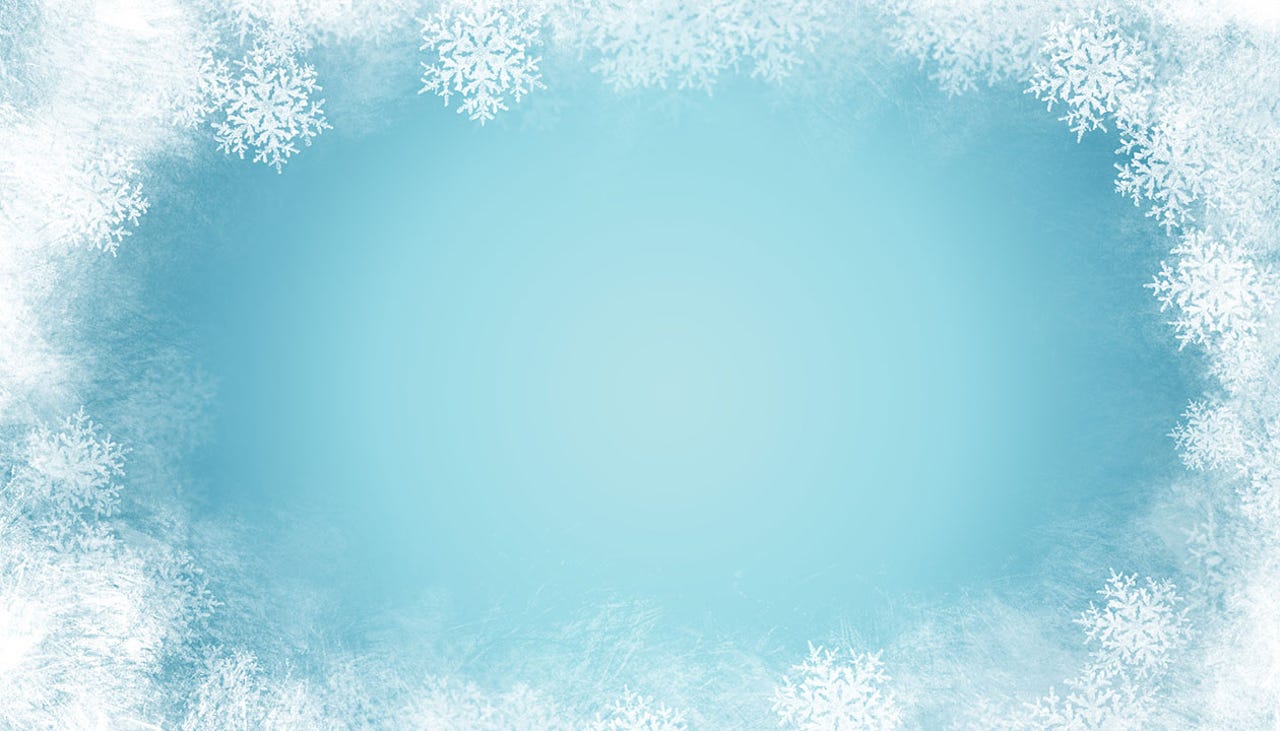 Icy blue background with snowflakes surrounding the border