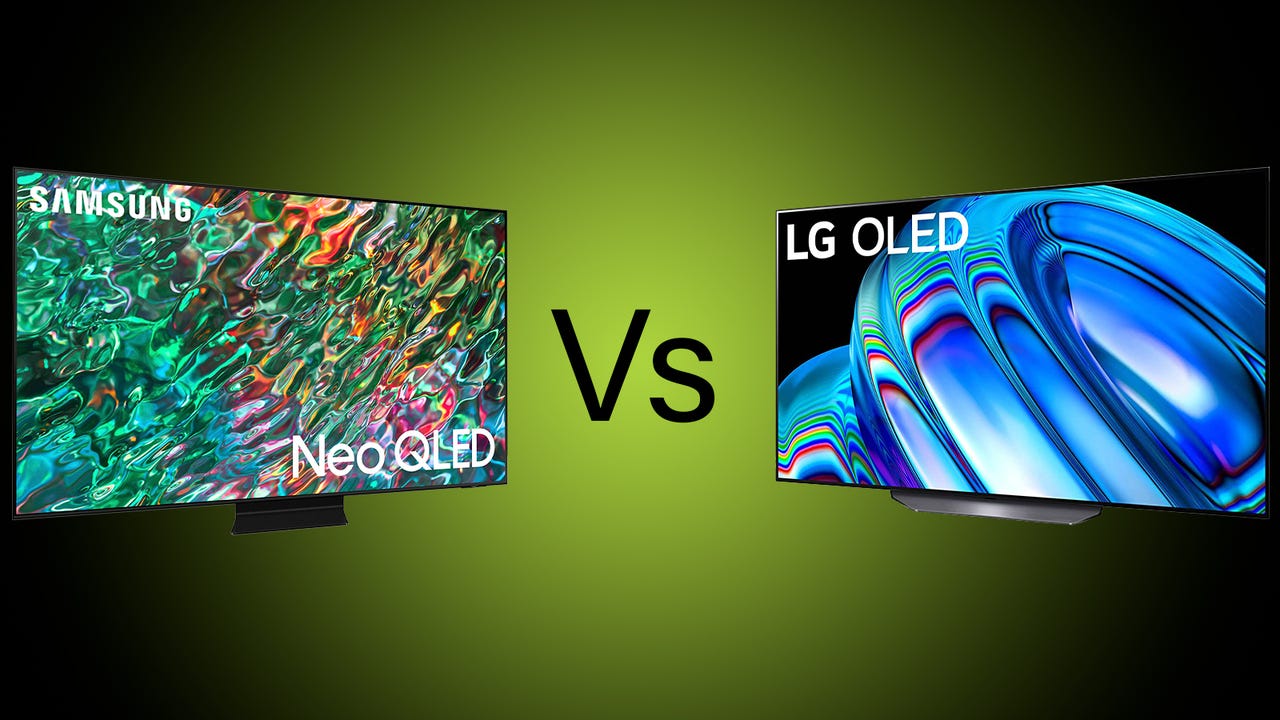 An image of a Neo QLED and an OLED TV in a vs scenario