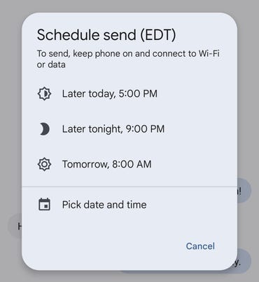 The Schedule send popup on Android 13.