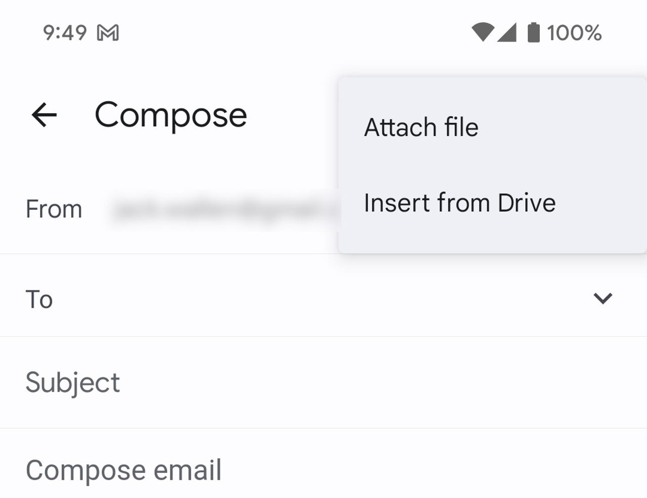 The Gmail mobile app compose window attachment drop-down.