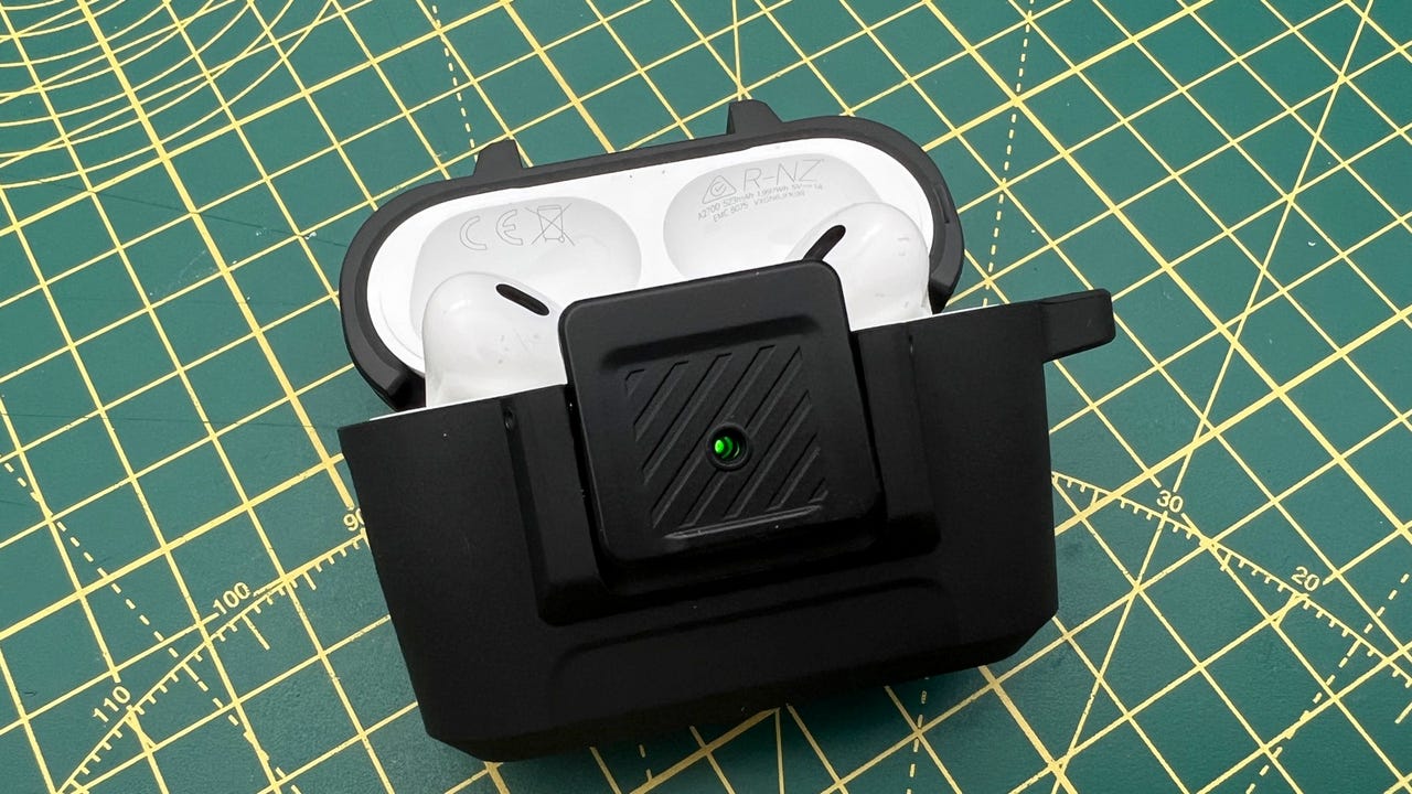 AirPods Pro in the Spigen Lock Fit AirPods Pro case on green and yellow background.