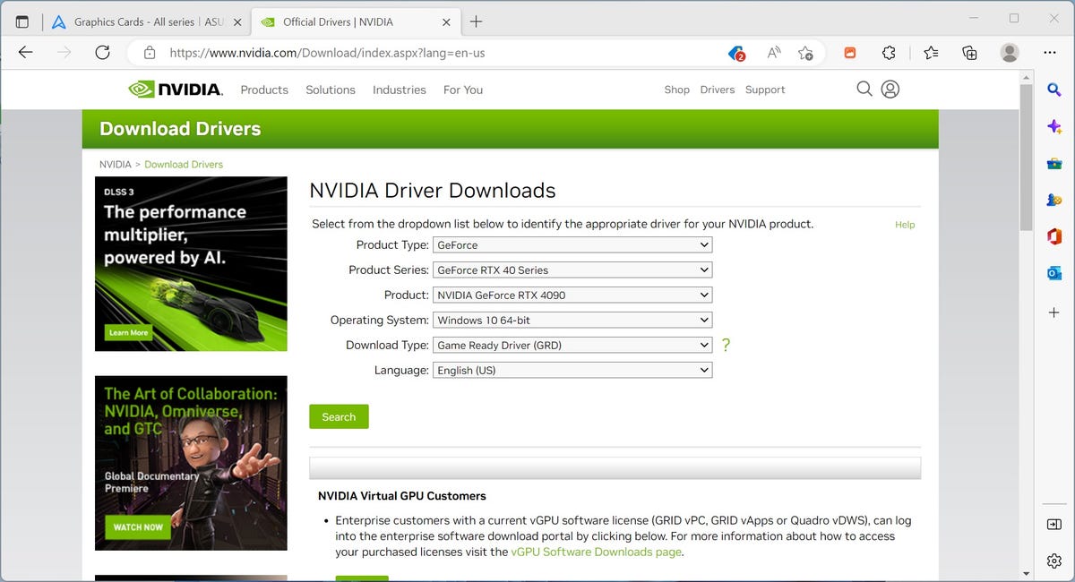 Nvidia driver downloads page