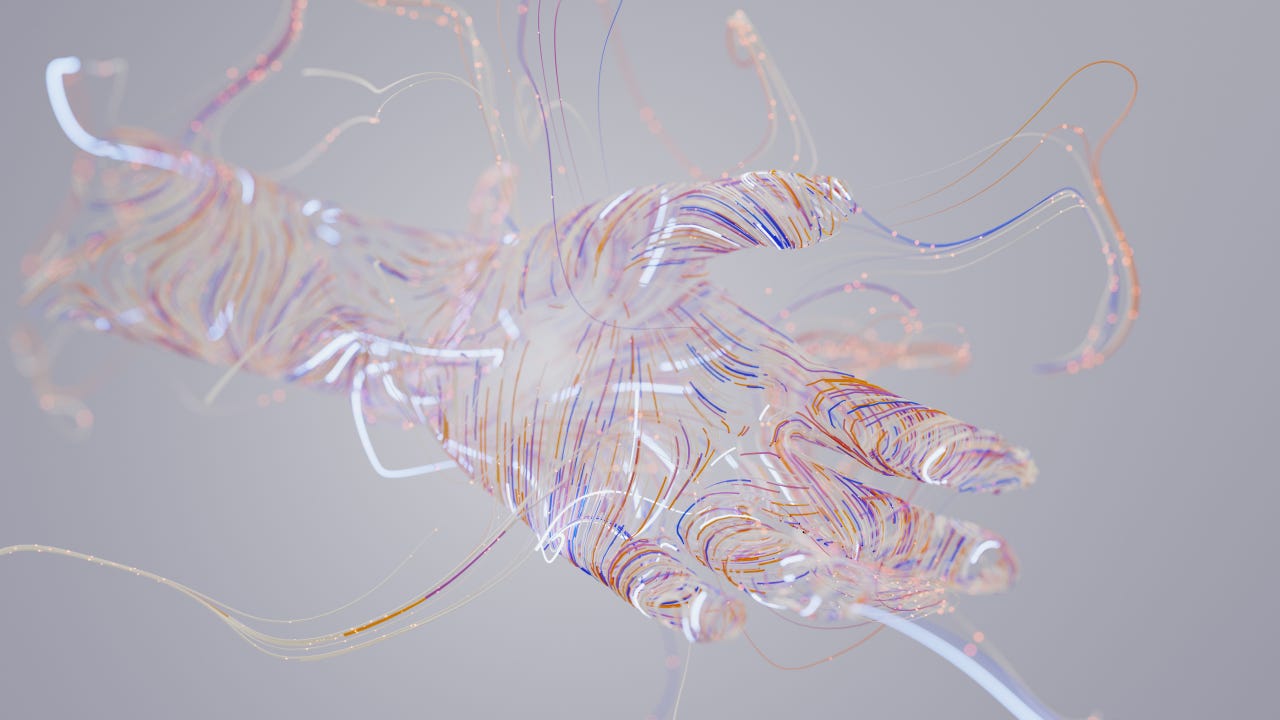 Abstract 3D render of wavy thin wires and particles forming a hand