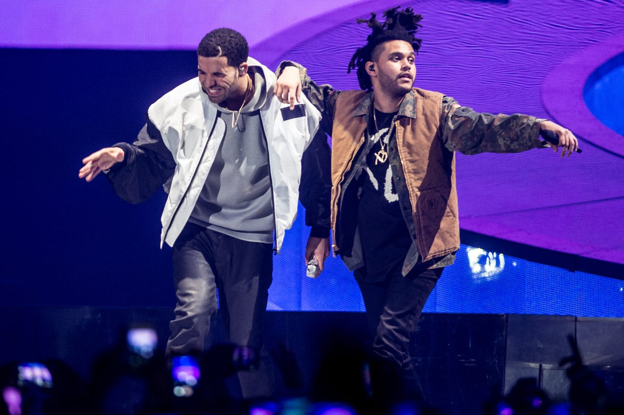 Drake and The Weeknd performing on stage