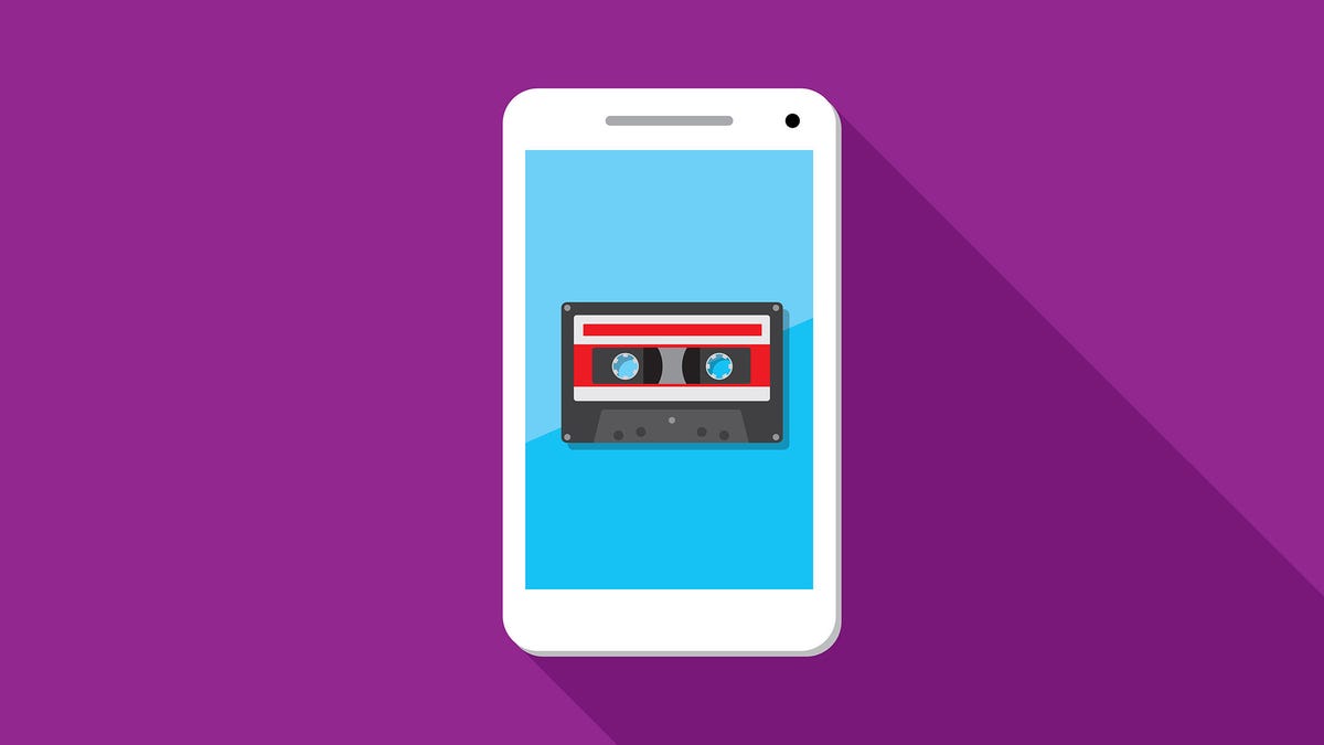 Vector illustration of a smartphone with cassette icon against a purple background in flat style.