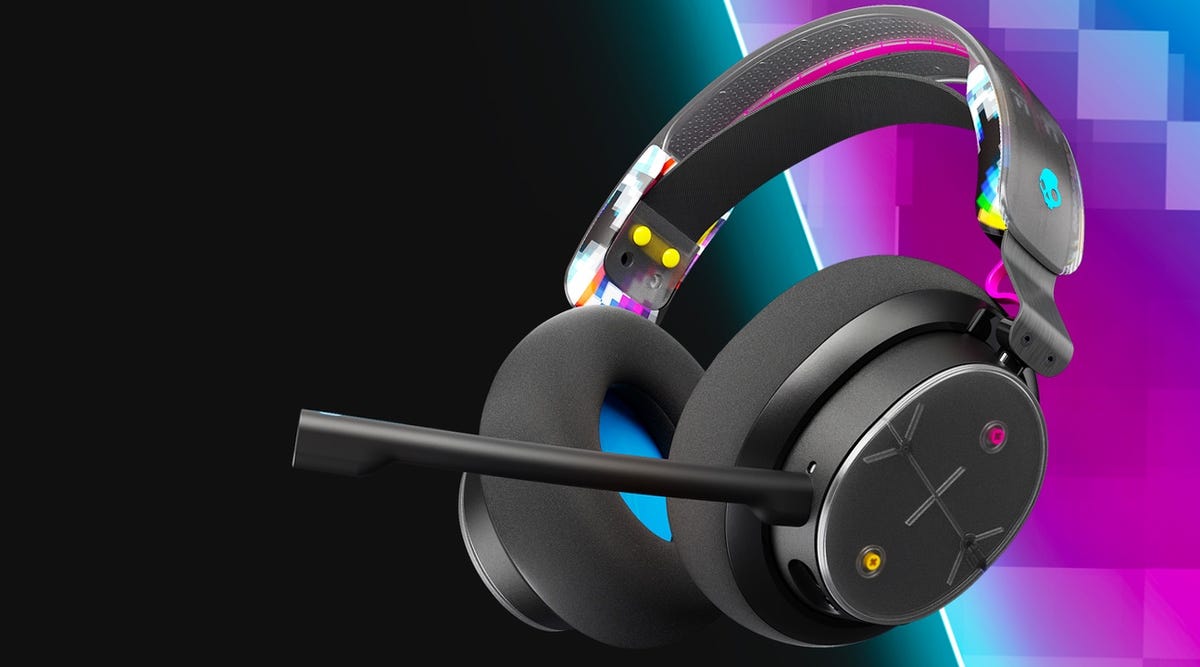 Skullcandy PLYR headset on mostly black and purple background