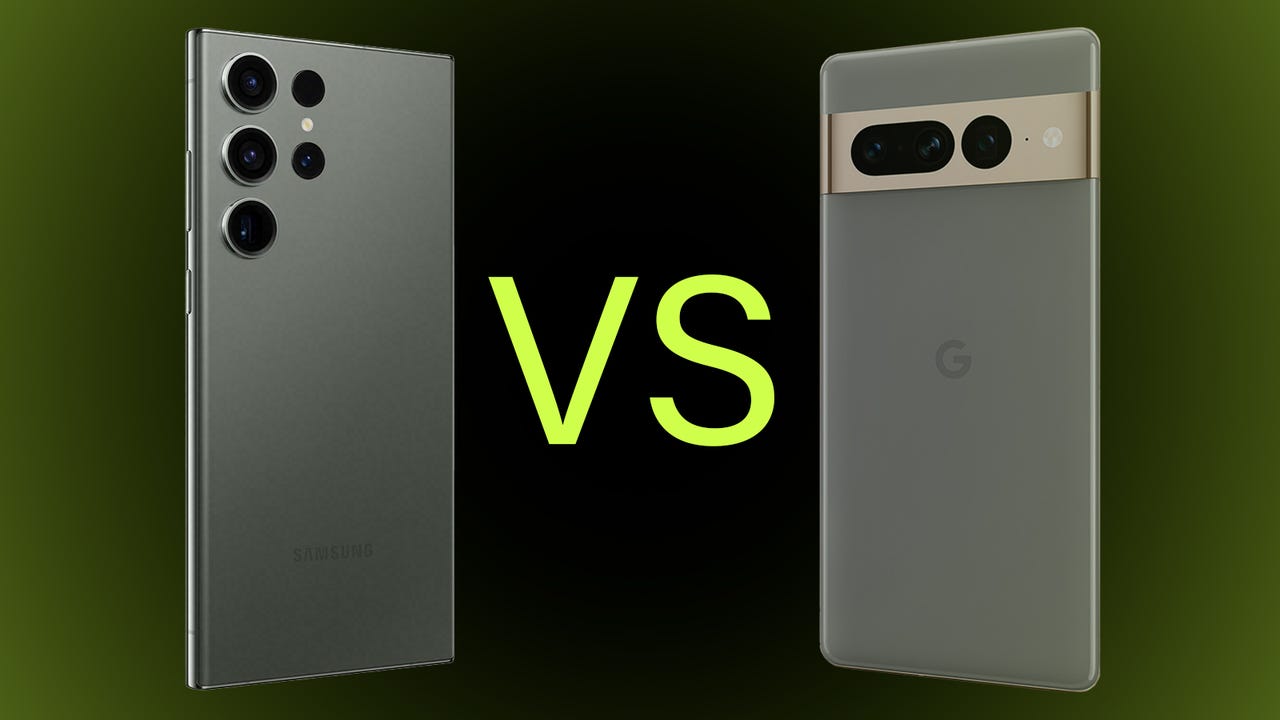 Samsung's Galaxy S23 Ultra (left) in a vs graphic with Google's Pixel 7 Pro