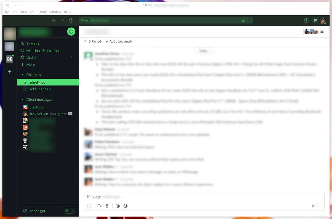 The Slack window highlighting a particular Workspace.