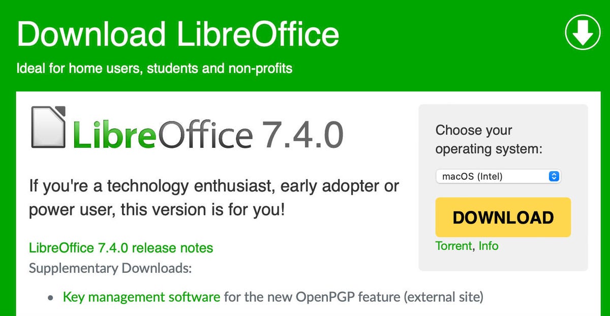 A página de download do LibreOffice.