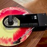 Colorful vinyl playing on the Audio-Technica Sound Burger turntable