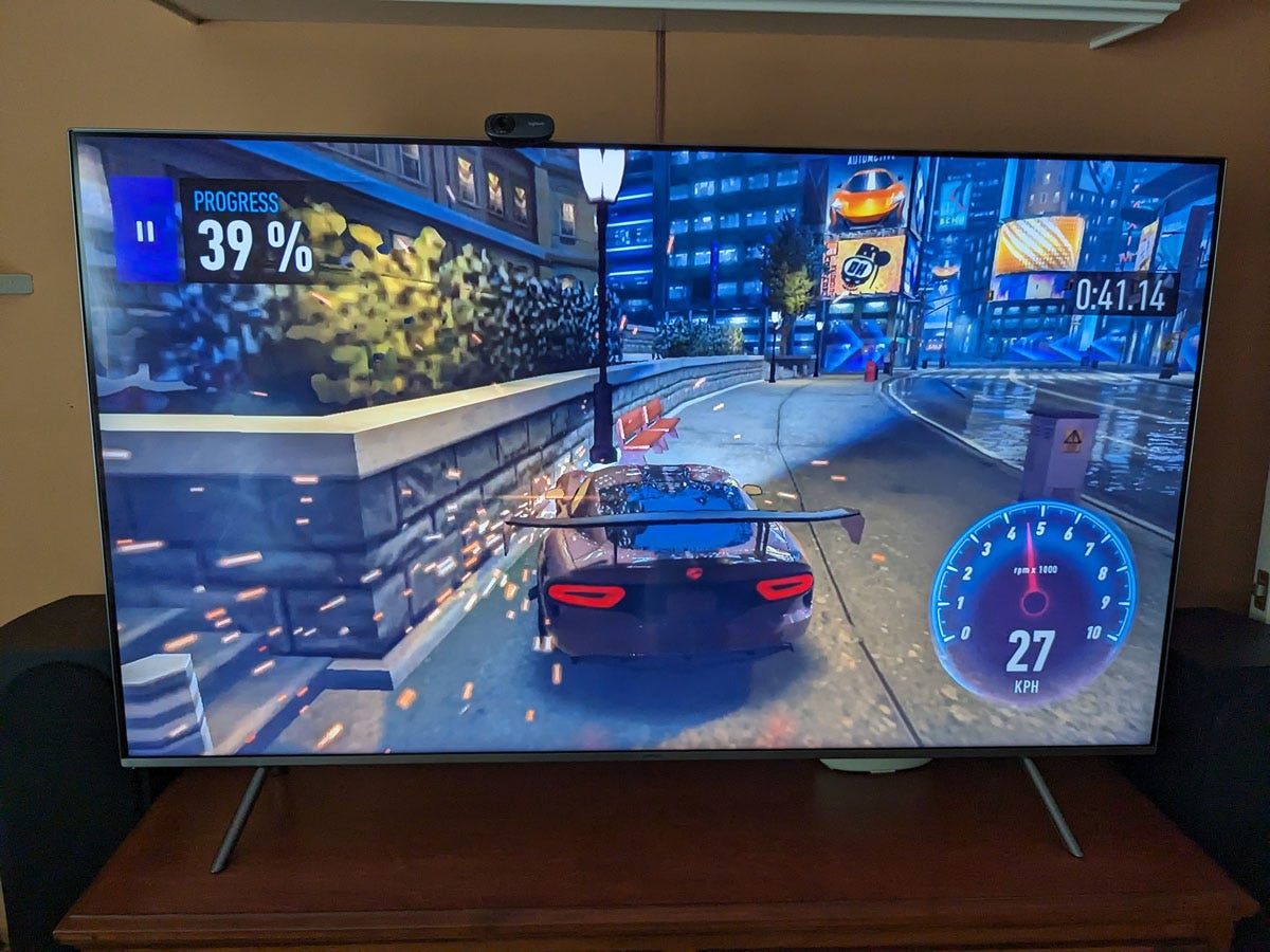 TV displaying car video game