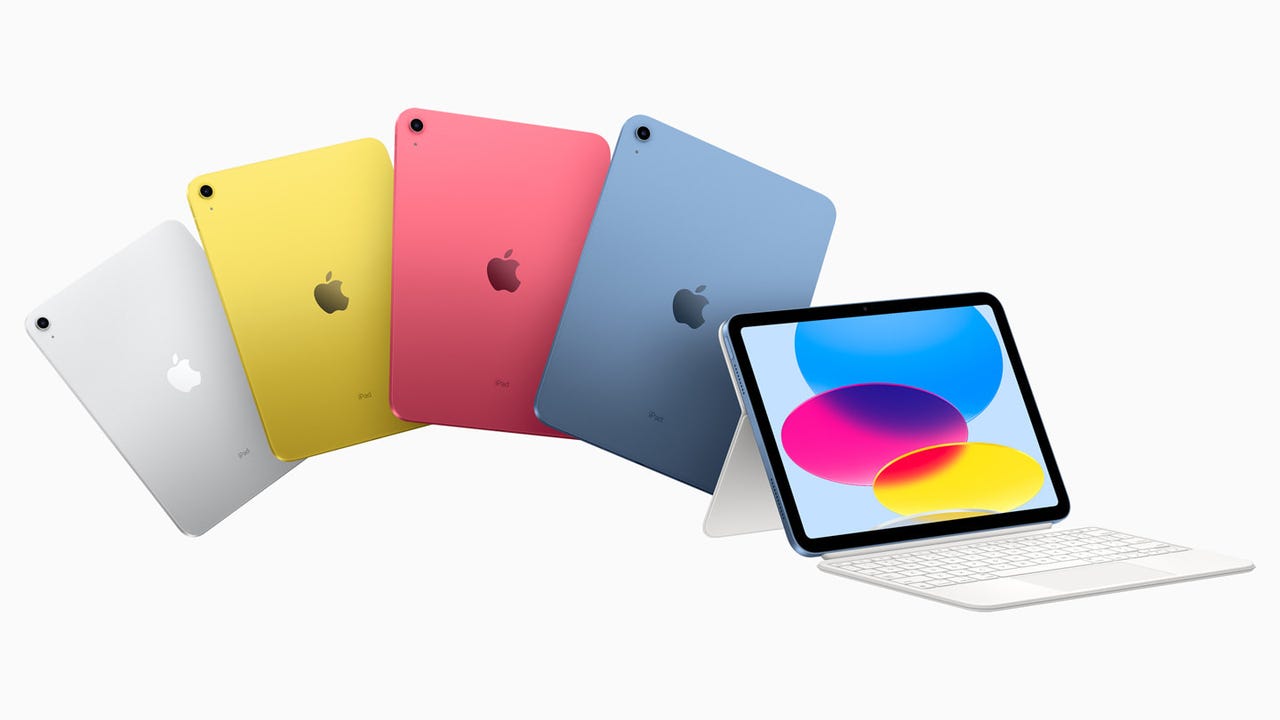 Apple iPad 10th gen in four colors from the back, plus one propped up with a keyboard