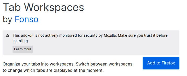 The Tab Workspaces add-on page.
