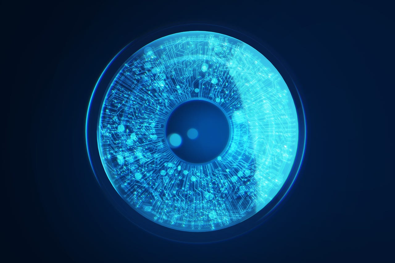 Imagen abstracta del ojo humano con circuito retiniano sobre fondo negro.