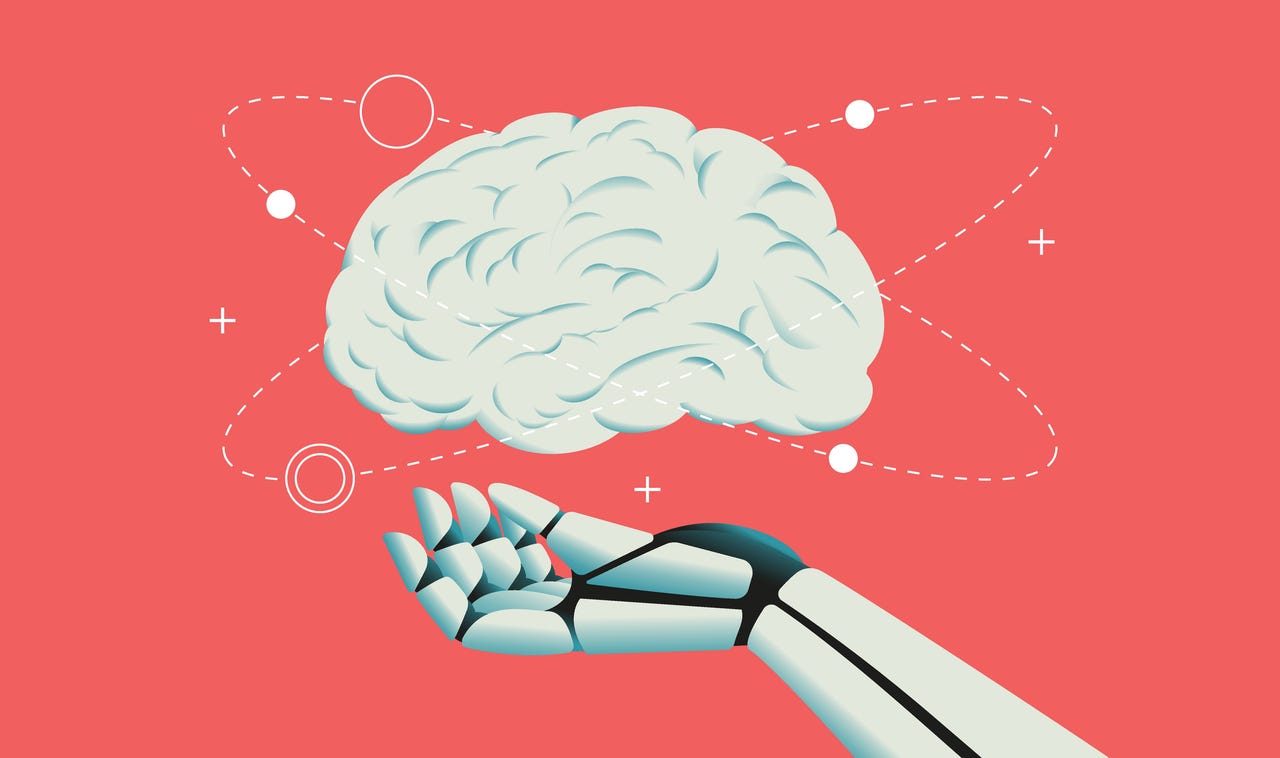 illustration of robot hand holding brain