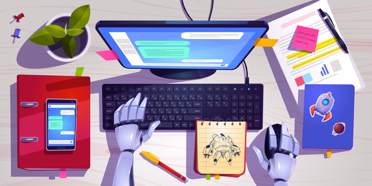 Illustration of robot typing on computer with notebooks and sticky notes and office materials on desk
