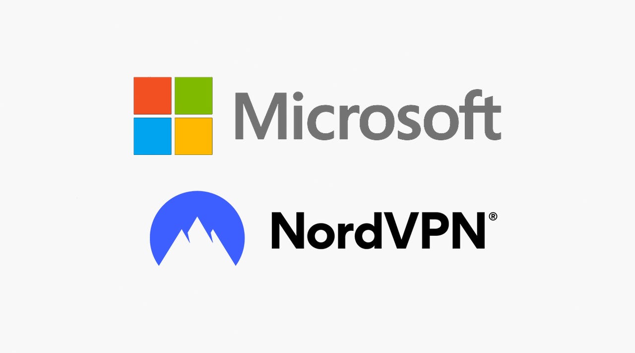 The Microsoft and NordVPN logos on a grey background