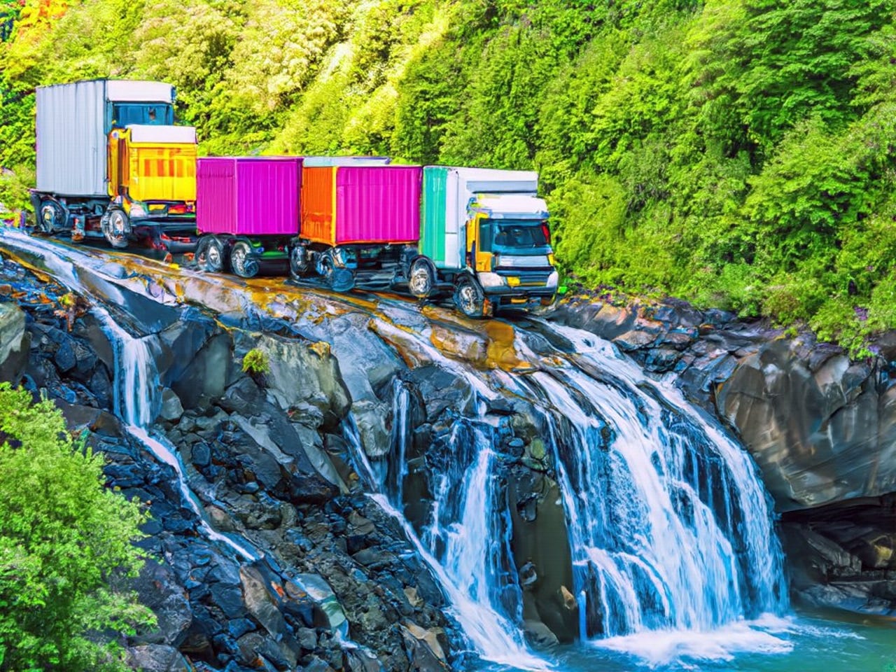 a-fleet-of-trucks-driving-up-a-waterfall-outside-a-fairytale-kingdom