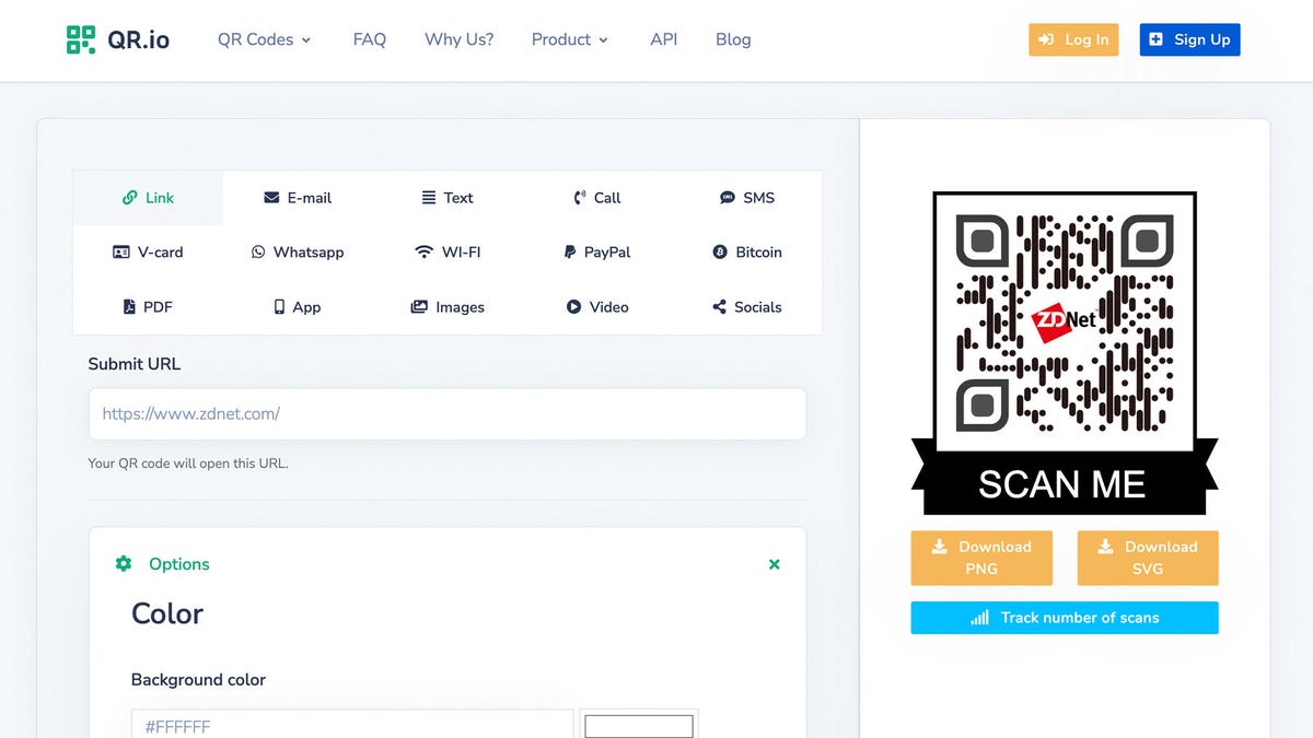 Screenshot of the QR.io website with the custom QR Code on the right
