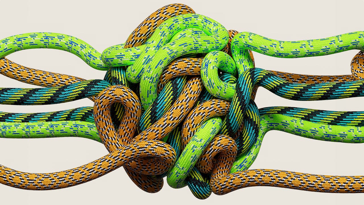 Digital generated image of multi colored ropes knotting together on beige background.
