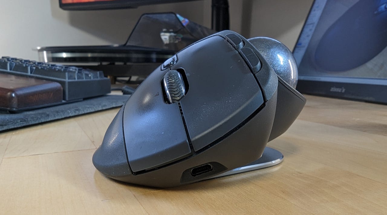 A front view of the Logitech MX Ergo Mouse.