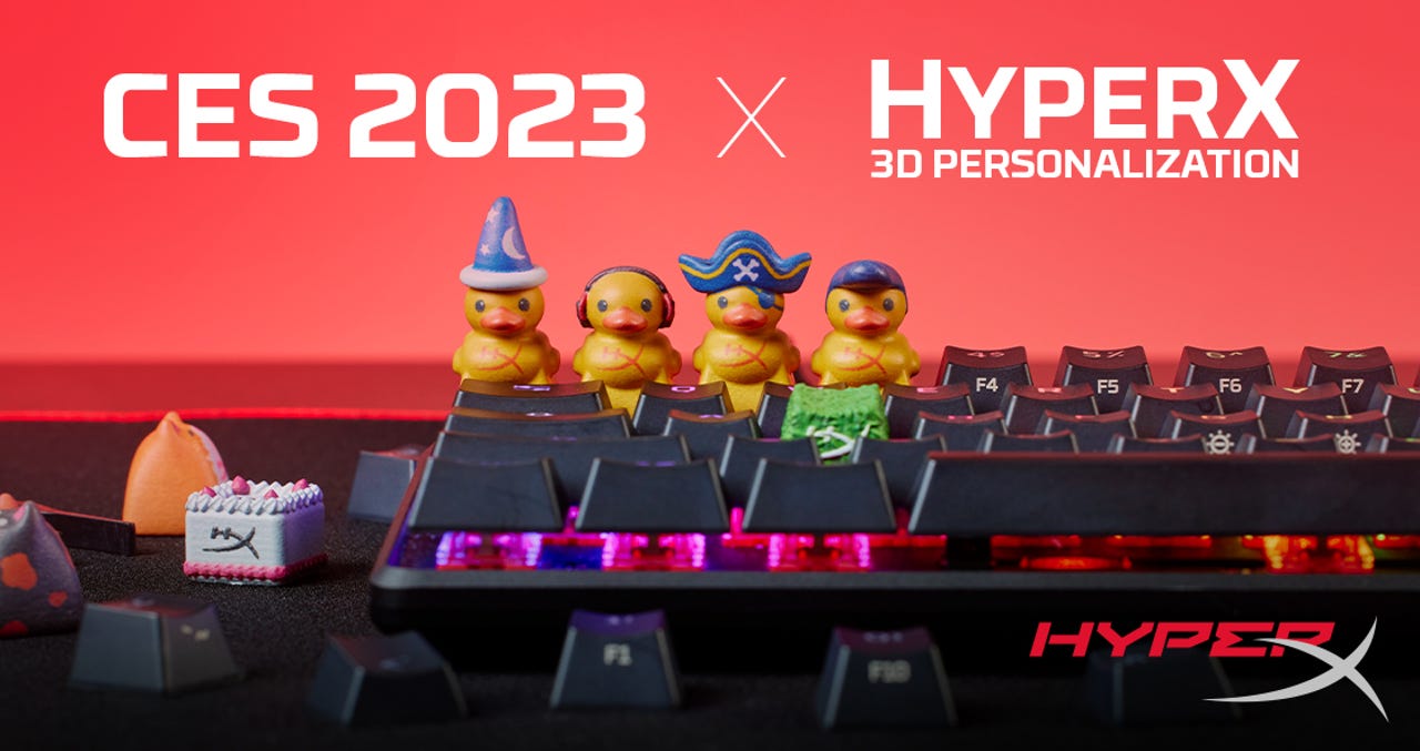 HyperX's sampling of 3D-printed keycaps on a HyperX keyboard and around it