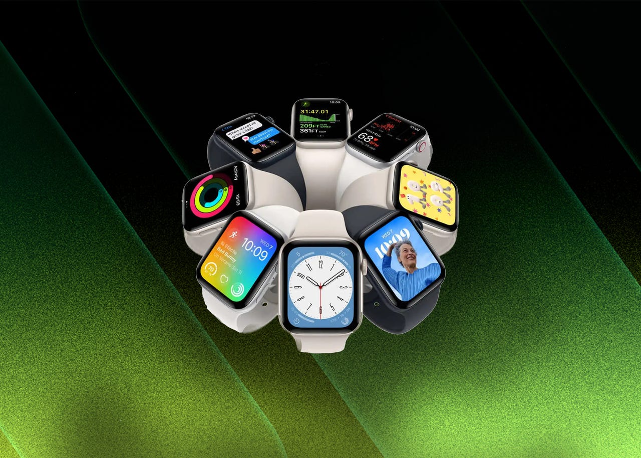 Delapan Apple Watch SE diatur dalam lingkaran dengan latar belakang hitam dan hijau