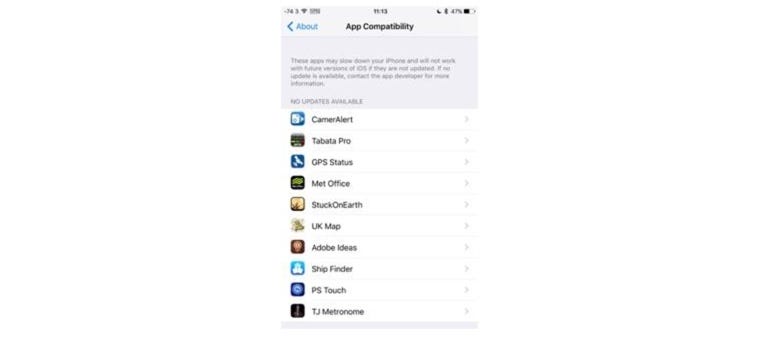 Listing of 32-bit apps in iOS 10.3