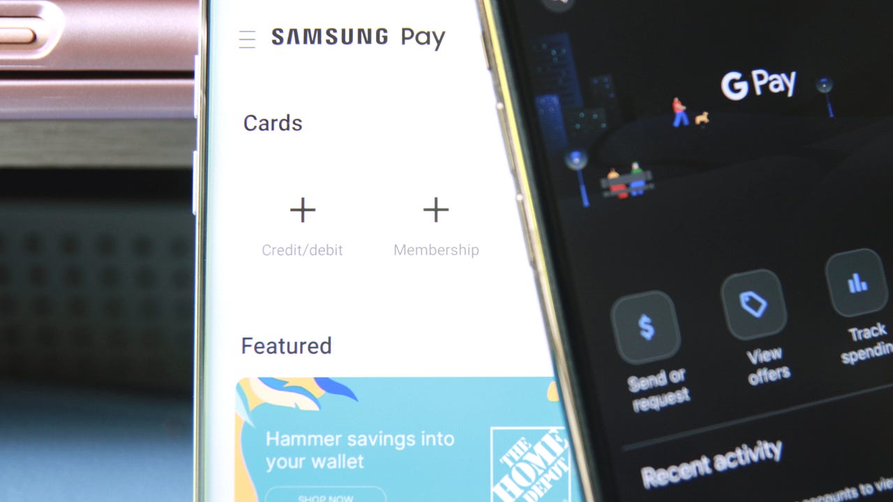 Two smartphones showing Samsung Pay and Google Pay apps