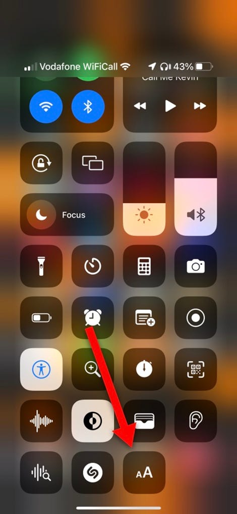 Text Size button in Control Center