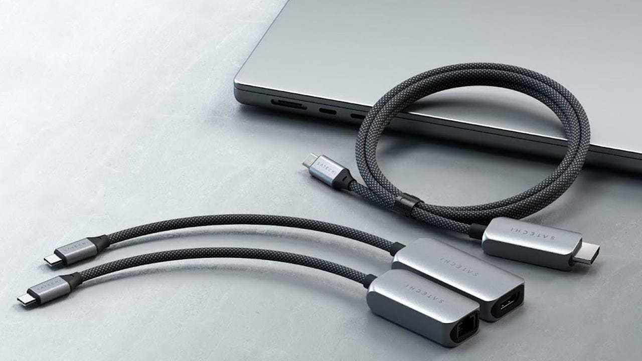 Satechi's USB-C to HDMI 2.1 8K cable, USB-C to HDMI 2.1 8K adapter, and USB-C 2.5 Gigabit Ethernet adapter 