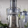 Stainless steel cold-press juicer with vegetables surrounding it