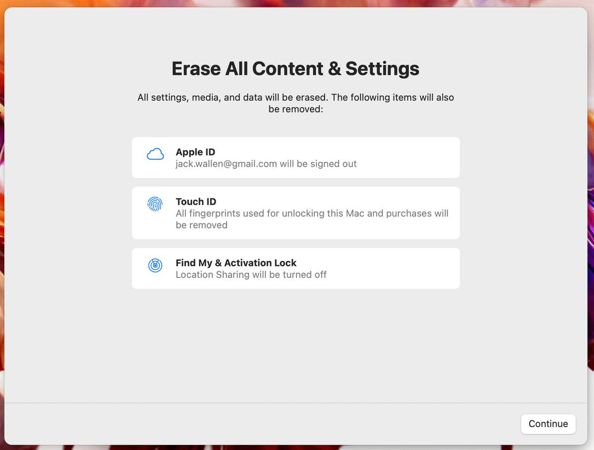 Screenshot of menu to erase all content on a Mac