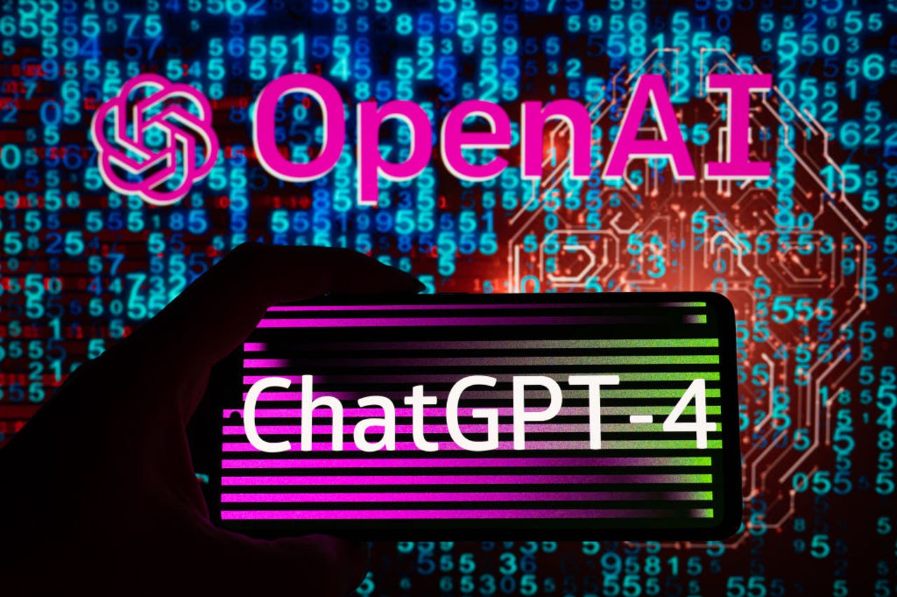 ChatGPT-4 on phone with OpenAI logo and coding in background