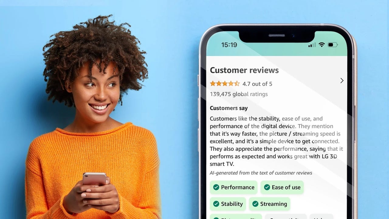Amazon customer reading AI-generated summaries of customer reviews