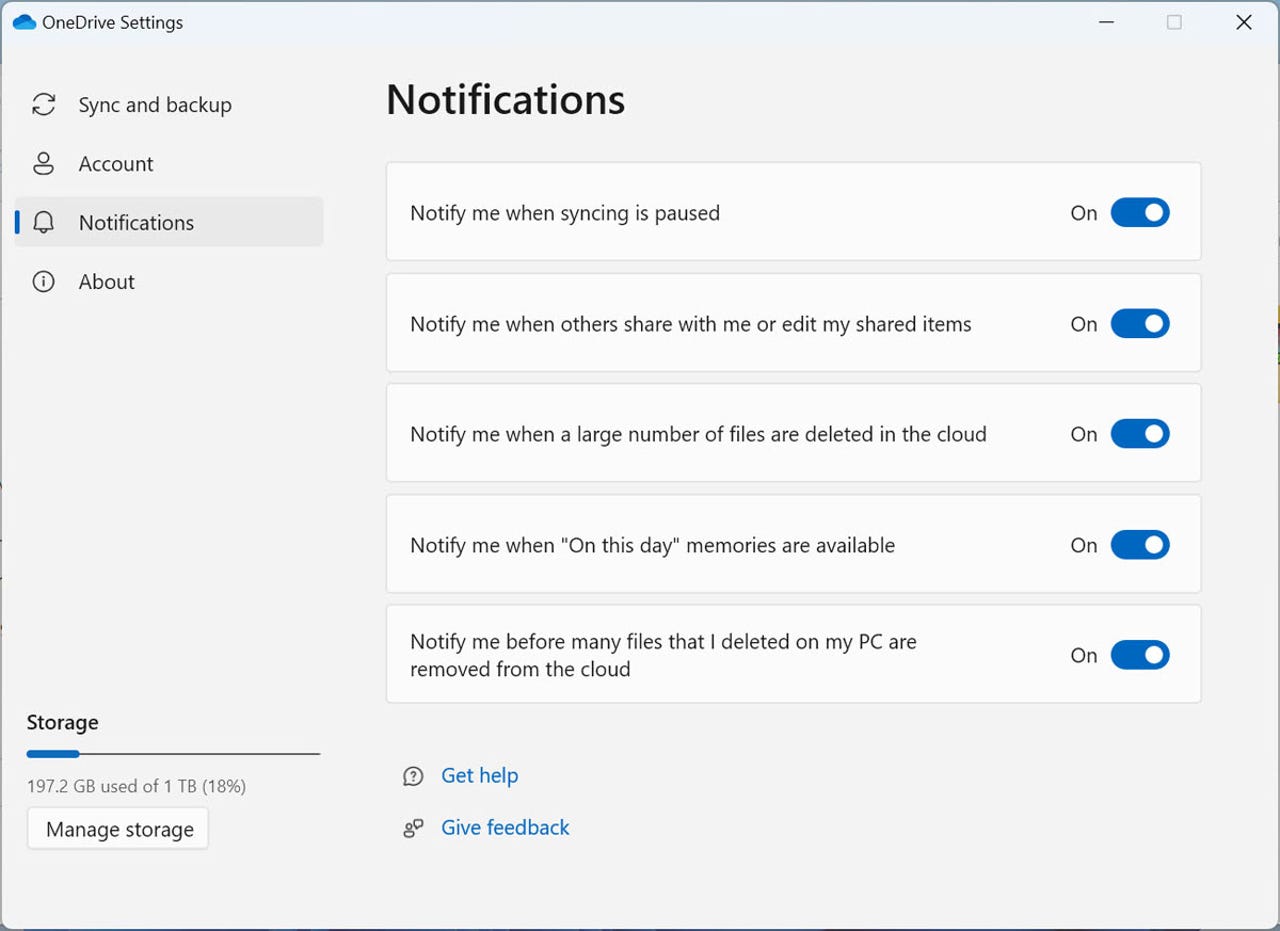 Checking and modifying the Notifications settings for OneDrive