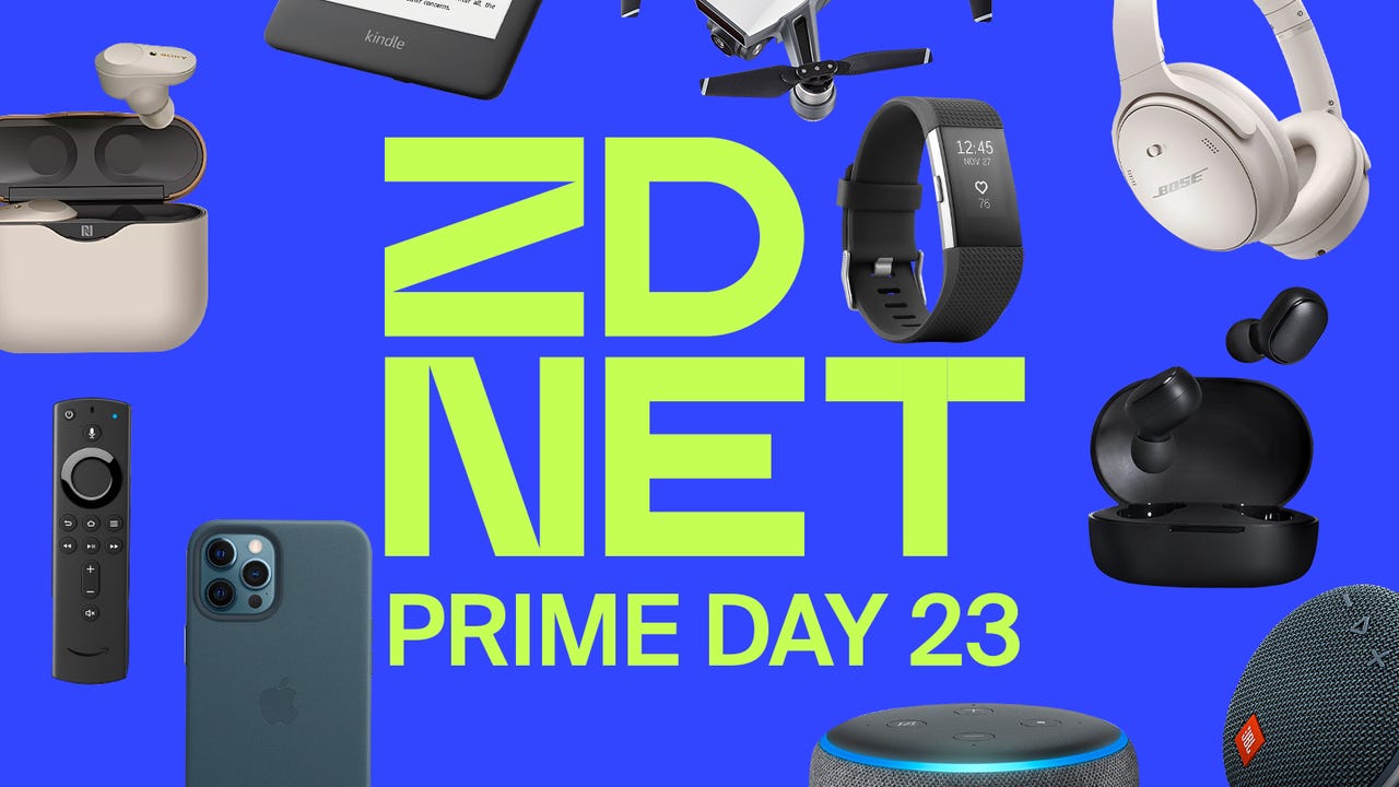ZDNET Prime Day logo against a purple background with tech devices like earbuds, a phone, a fitbit, and more surrounding it