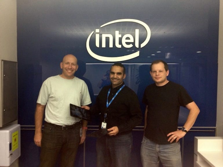 Intel Jerusalem's Roni Ayalon, Aviad Hevrony (showing off the Asus two-in-one device), and Daniel Greenspan
