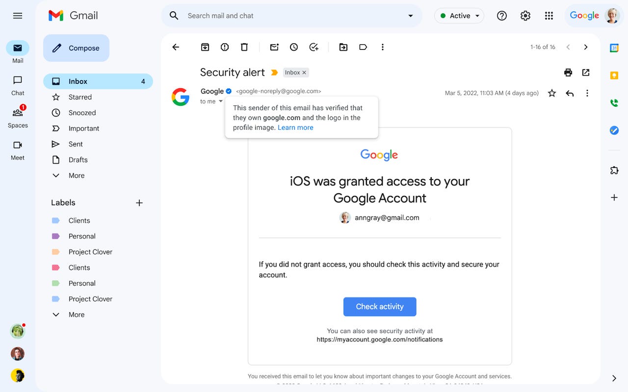 screenshot of Google's blue check verification on Gmail