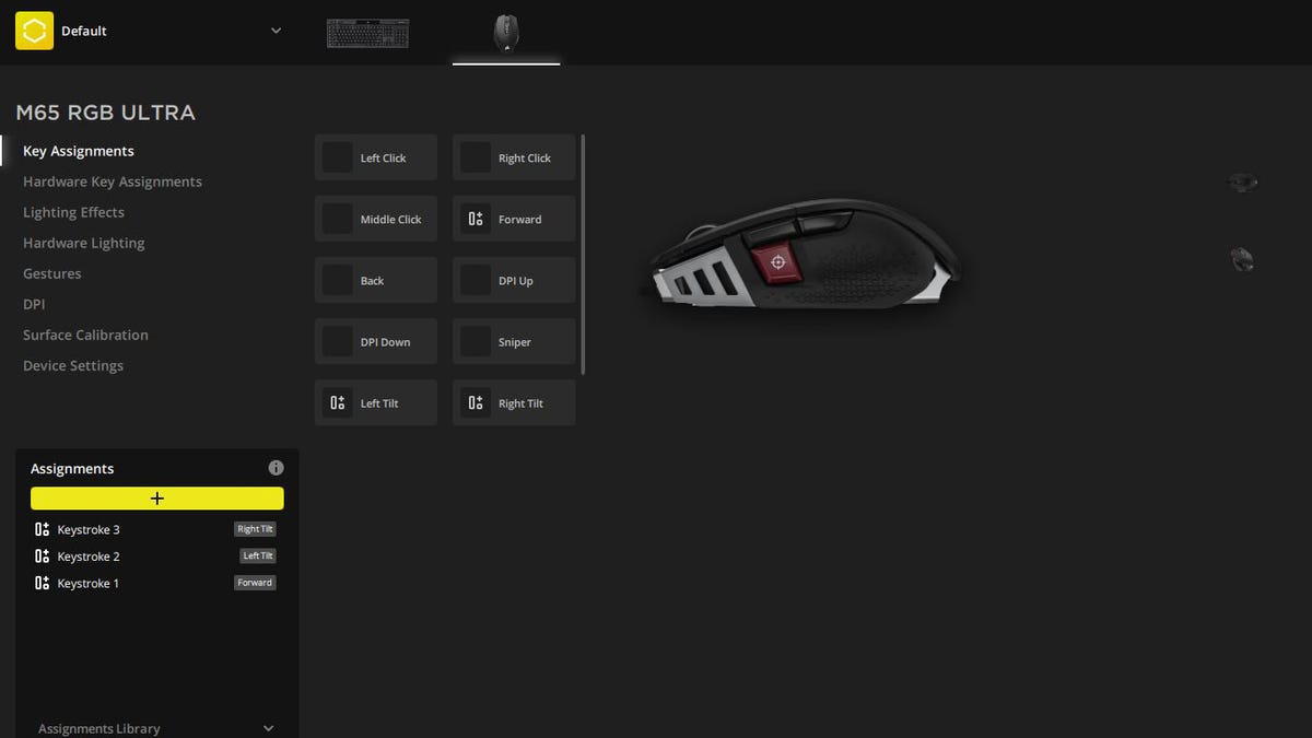 Screenshot of the Corsair iCUE software's customization page for the M65 RGB Ultra's button inputs..