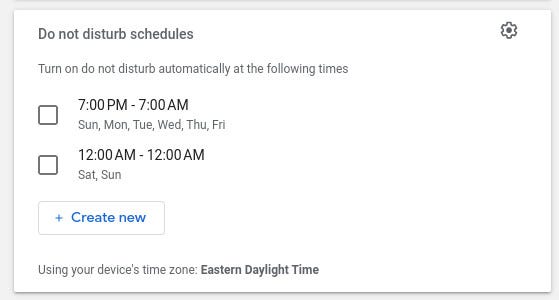 La liste des horaires ne pas déranger pour Google Chat.