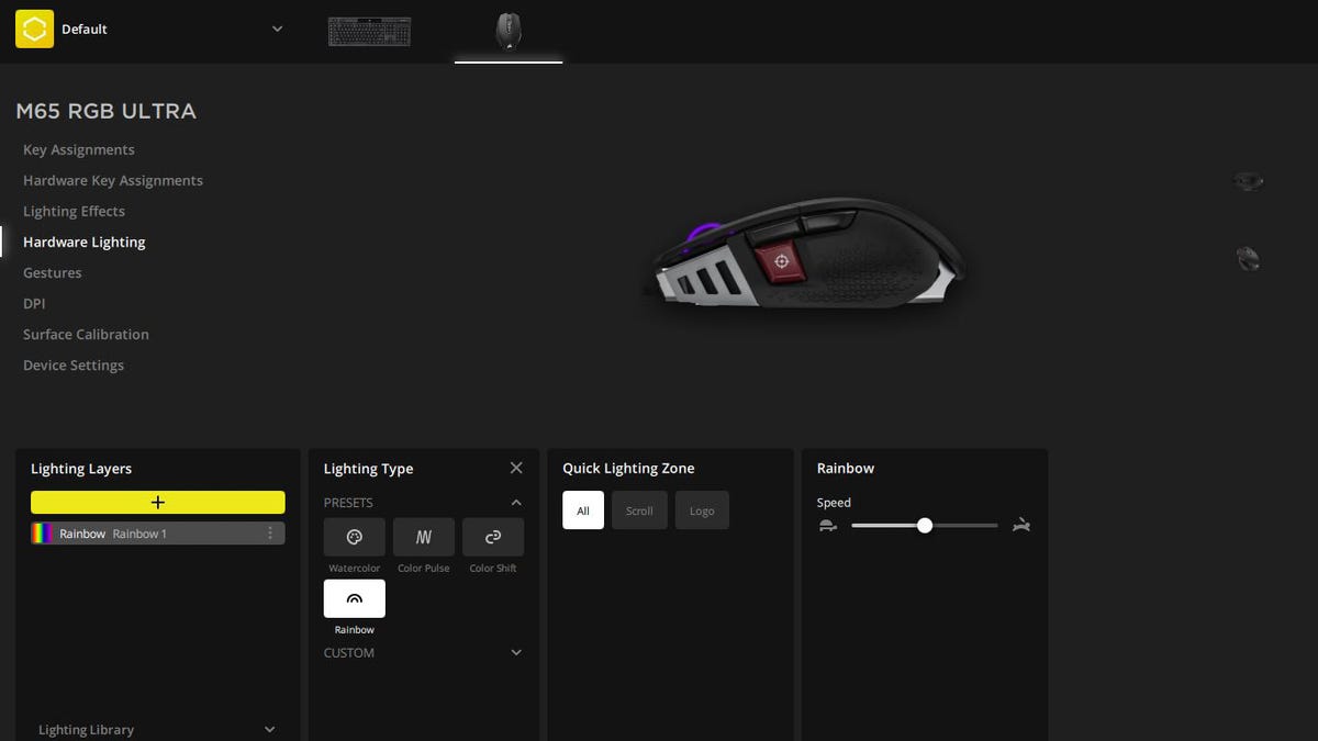Screenshot of the Corsair iCUE software's customization page for the M65 RGB Ultra's lighting effects.